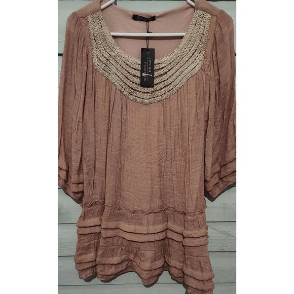 Pink tiered lined blouse with crochet neckline NWT Size S. Adorn Fashion - Picture 1 of 6